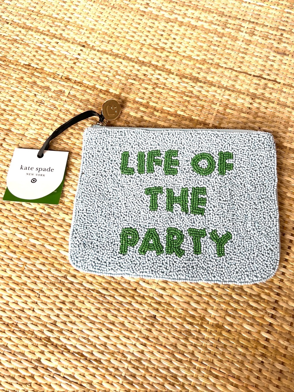 Kate Spade New York Target beaded "Life of the Party" pouch Lt Blue Green NEW